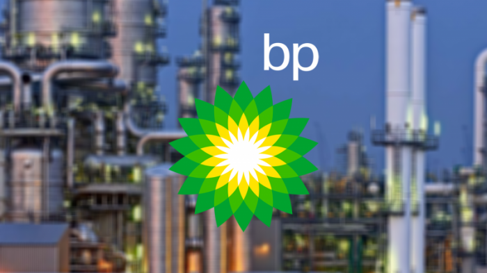 BP Petroleum White Logo with Chemical plant background