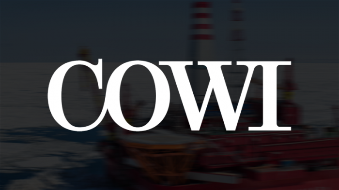 Cowi White Logo with Russian Prirazlomnaya oil rig in the Pechora Sea