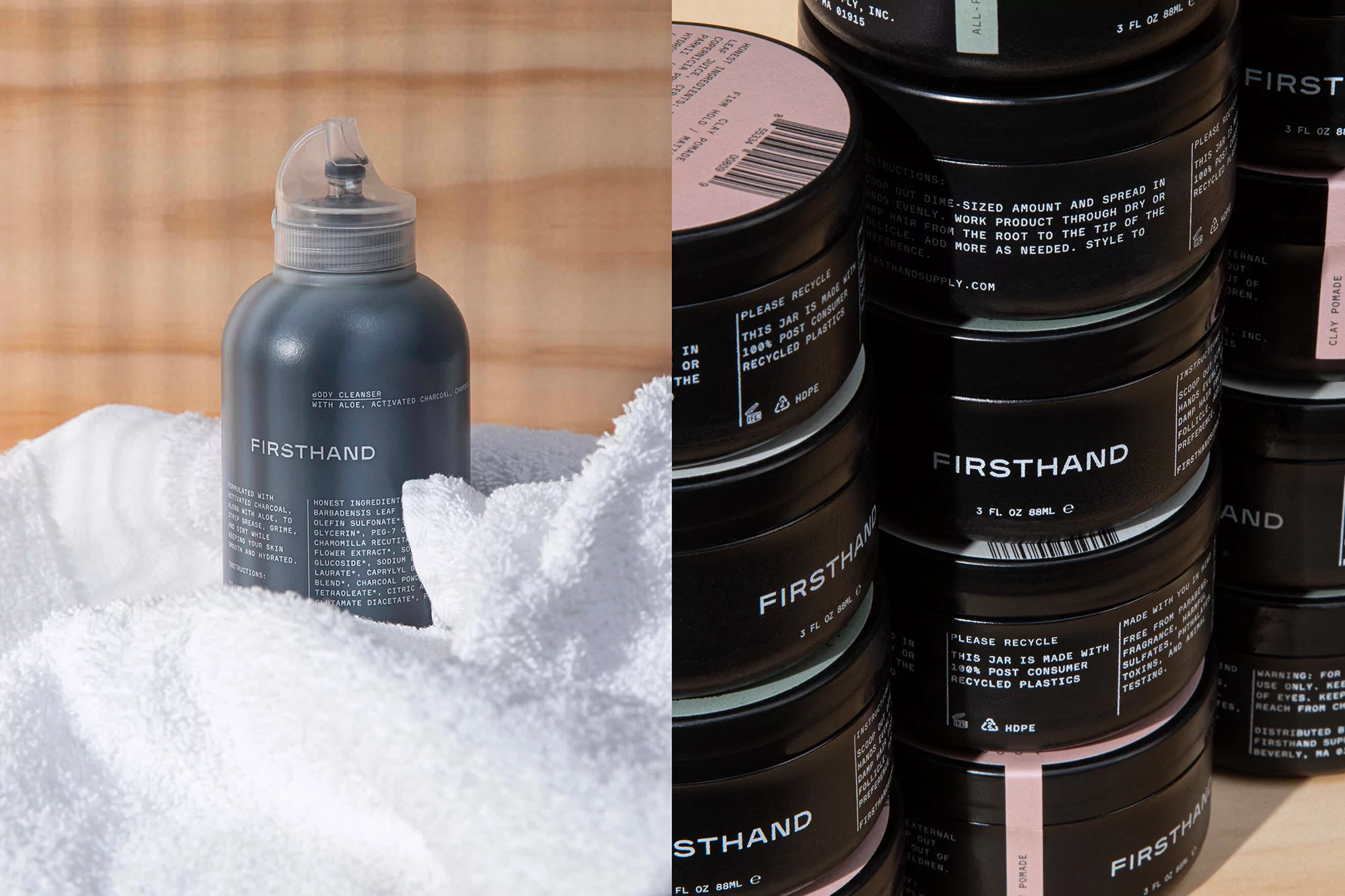 Parker's identity for Firsthand captures the cosmetics brand's industrial and humanitarian qualities
